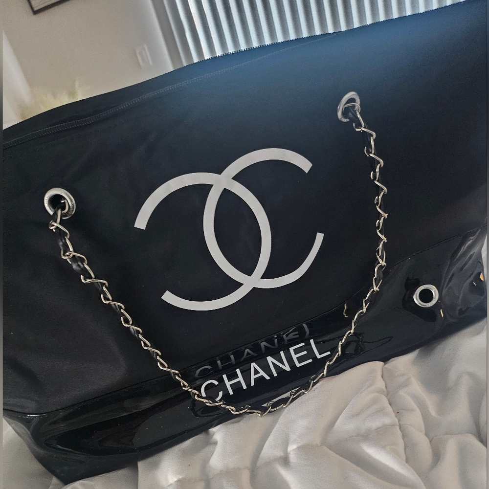 CHANEL GWP Black and Silver Chain-Handle Logo Tote